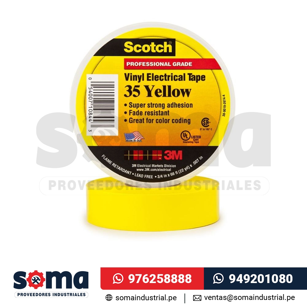 Cinta aislante vinílica Scotch 35 3/4¨ x20mts amarillo 3M