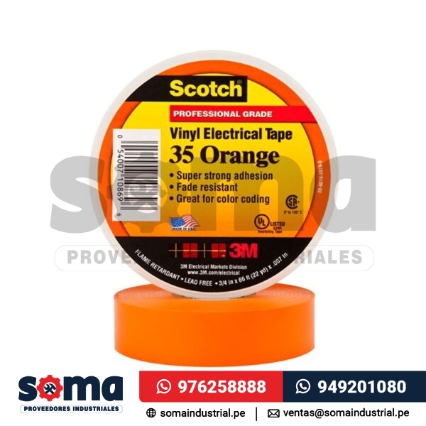 Cinta aislante vinilica Scotch 35 3 4¨ x20mts anaranjado 3M