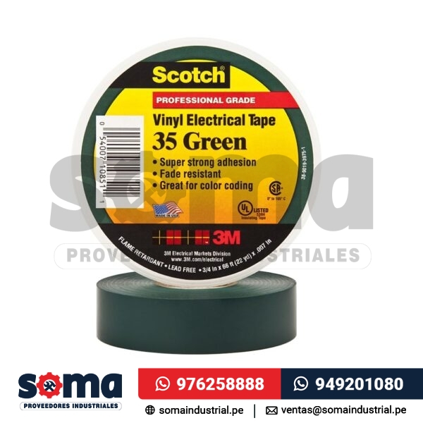Cinta aislante vinilica Scotch 35 3 4¨ x20mts verde 3M